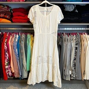 Miilla white short sleeve embroidery asymmetrical hem midi dress size S NWT